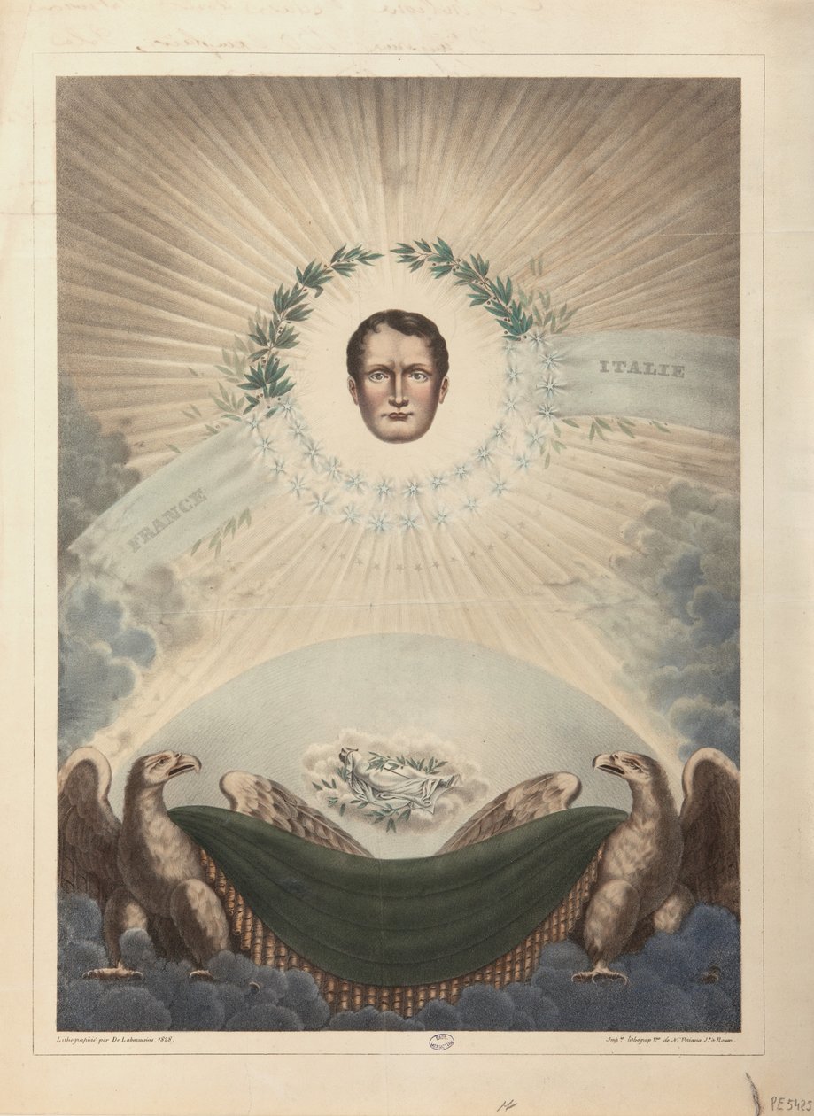 Allegorie van Napoleon omringd door een lauwerkrans en een ster, en hieronder, Napoleon in de dood gewikkeld in een lijkwade, 1828 door De Labarussias