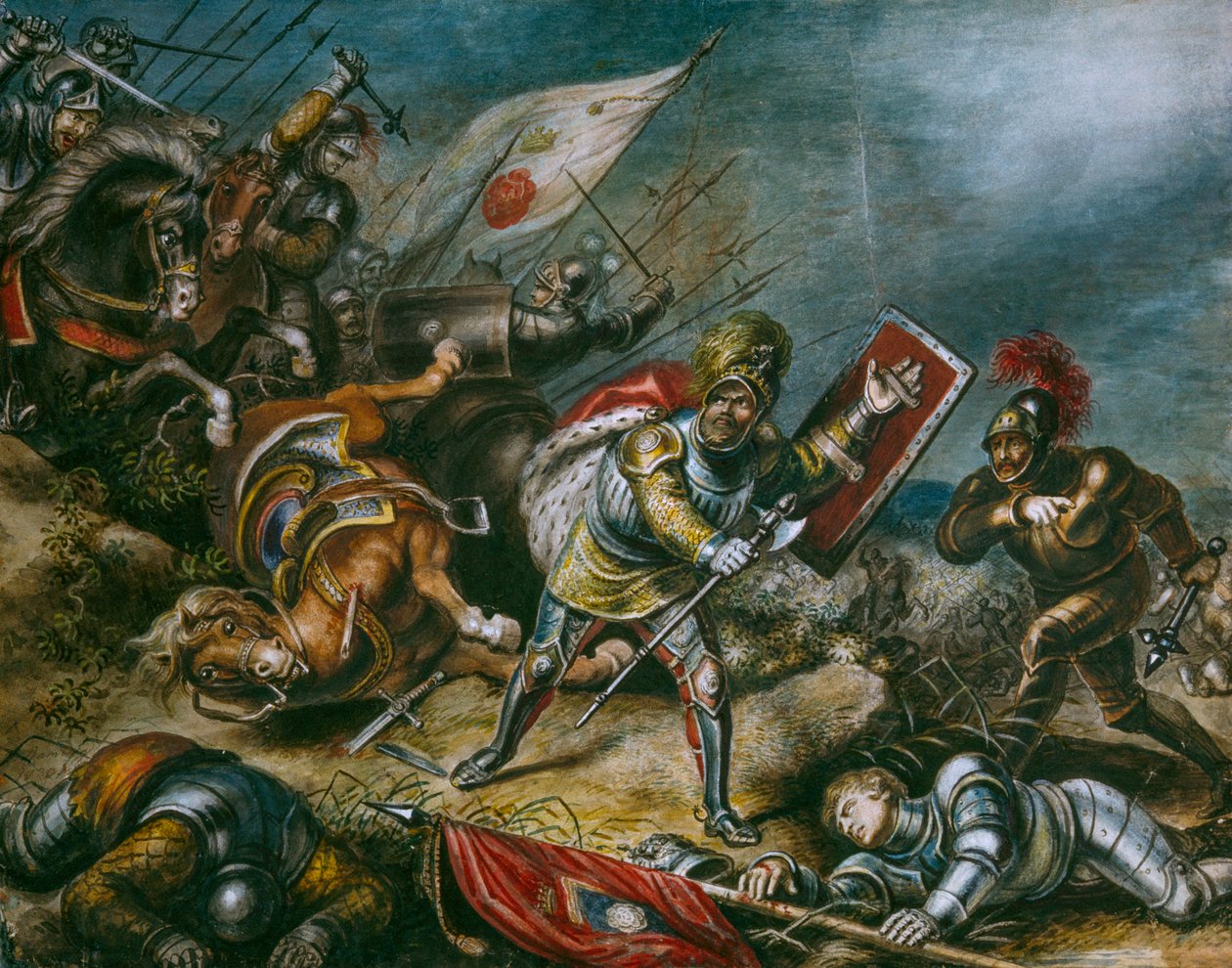 Een schilderij toont Richard III vechtend te voet op Bosworth Field door Dean Conger