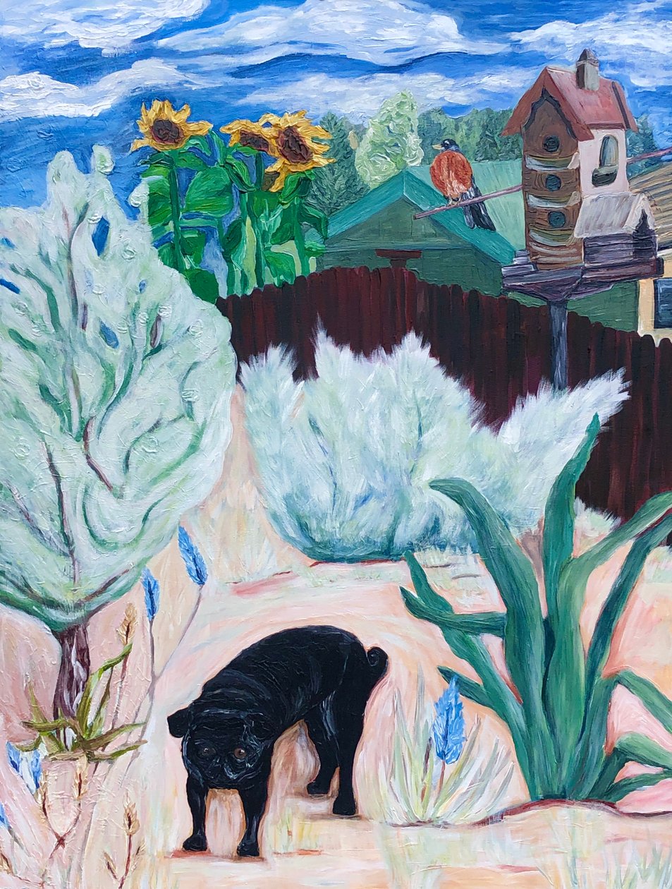 Achtertuin mopshond, 2016 (acryl op doek) door Deborah Eve Alastra