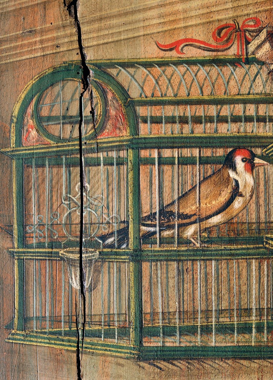 Vogel in een kooi, (detail) van een schilderij door Defendente Ferrari, op het achterste gedeelte van het 16e-eeuwse koor, Kerk van Sint Hiëronymus, Biella, Italië door Defendente Ferrari