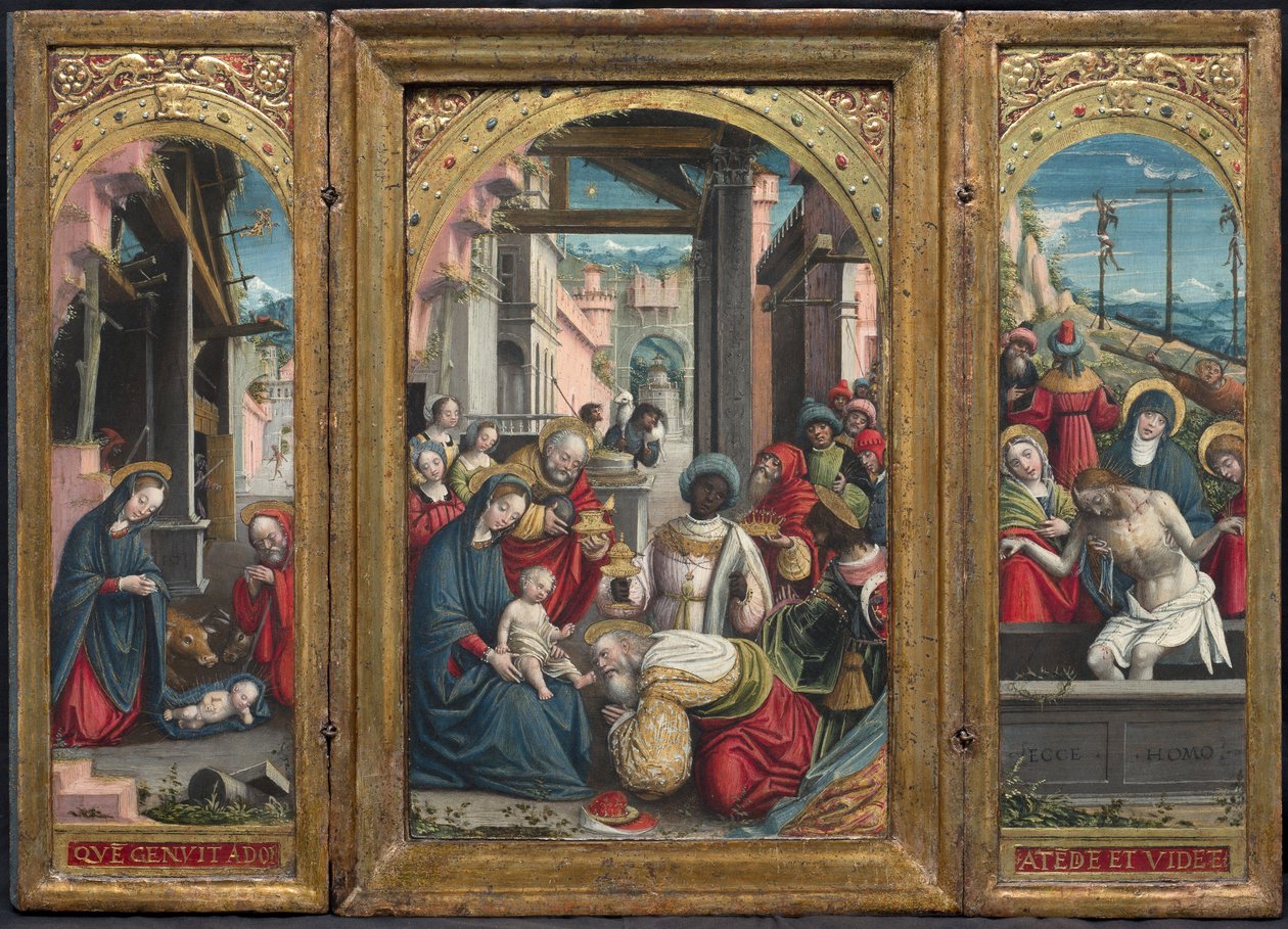Drieluik met de Geboorte in het midden, rechts de Aanbidding der Wijzen, links de Graflegging van Christus, 1523 door Defendente Ferrari
