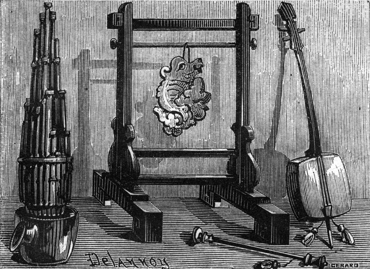 Chinese muziekinstrumenten: orgel, klanksteen en viool. door Delannoy Delannoy