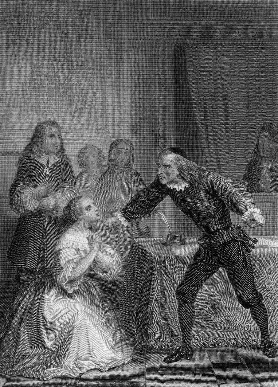 Toneelstuk De Gierigaard van Moliere: Elise en Harpagon, gravure van Delannoy naar een tekening van G. Staal (1870) door Delannoy Delannoy
