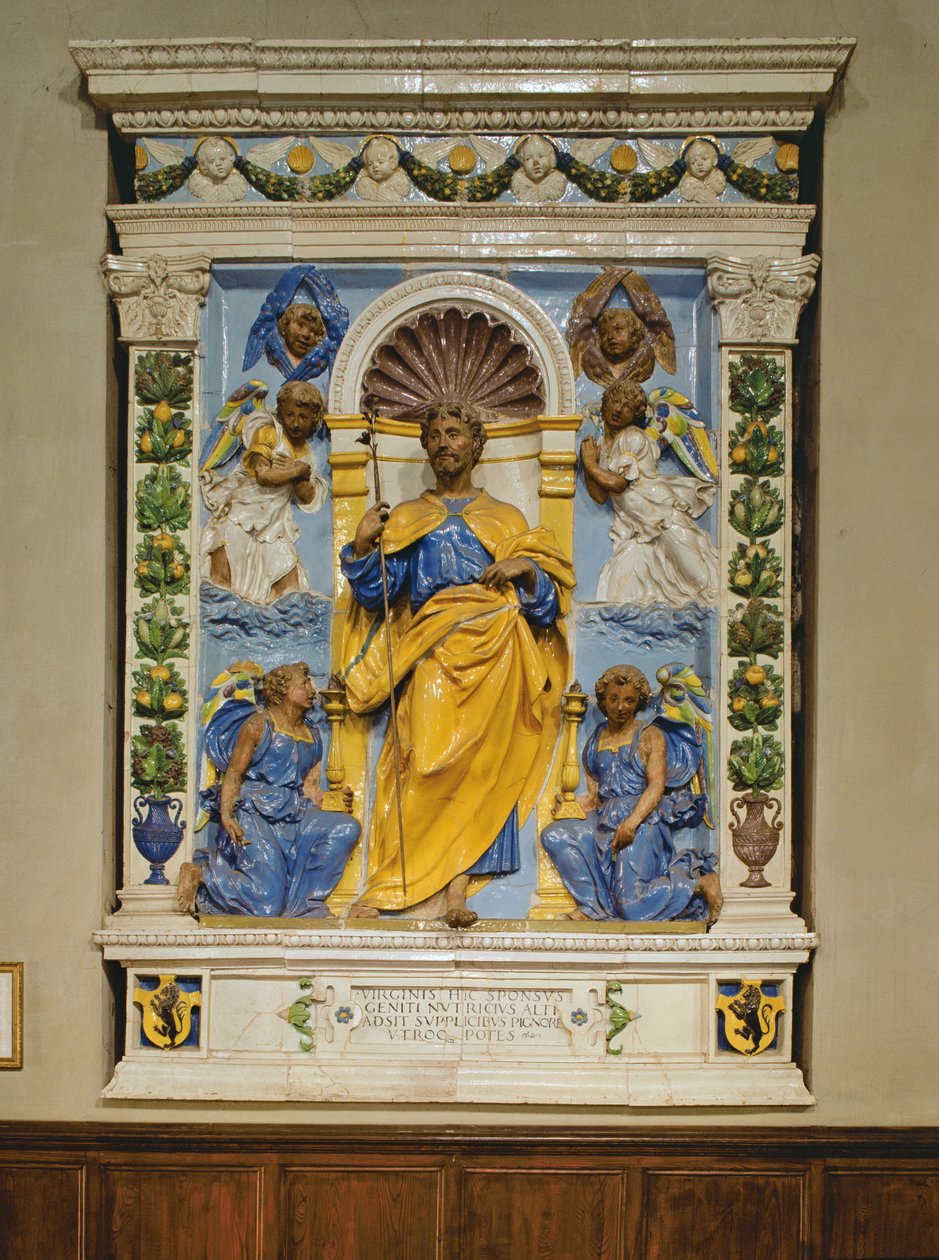 Christus op de troon met engelen, bas-reliëf door Luca Della Robbia