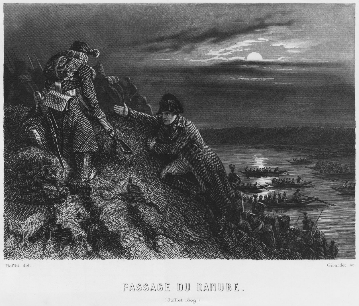Napoleon I Bonaparte (1769-1821) steekt de Donau over tijdens de nacht van 4 juli 1809, gegraveerd door Abraham Girardet (1764-1823) door Denis Auguste Marie Raffet