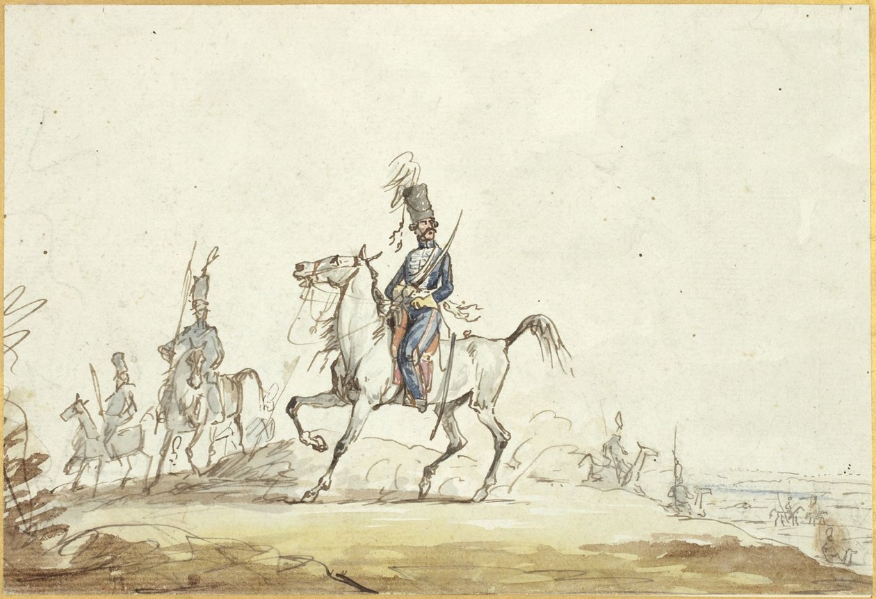 Cavaleristen op een heuvel door Denis-Auguste-Marie Raffet