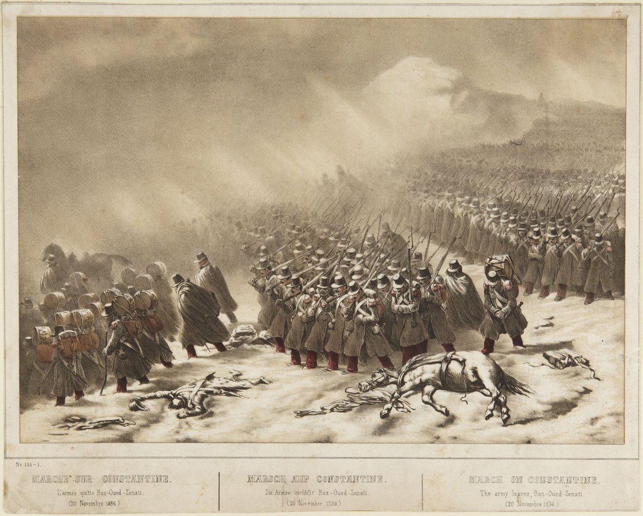 Opmars naar Constantine: het leger vertrekt uit Raz-Ourd-Zenati (20 november 1836) door Denis-Auguste-Marie Raffet