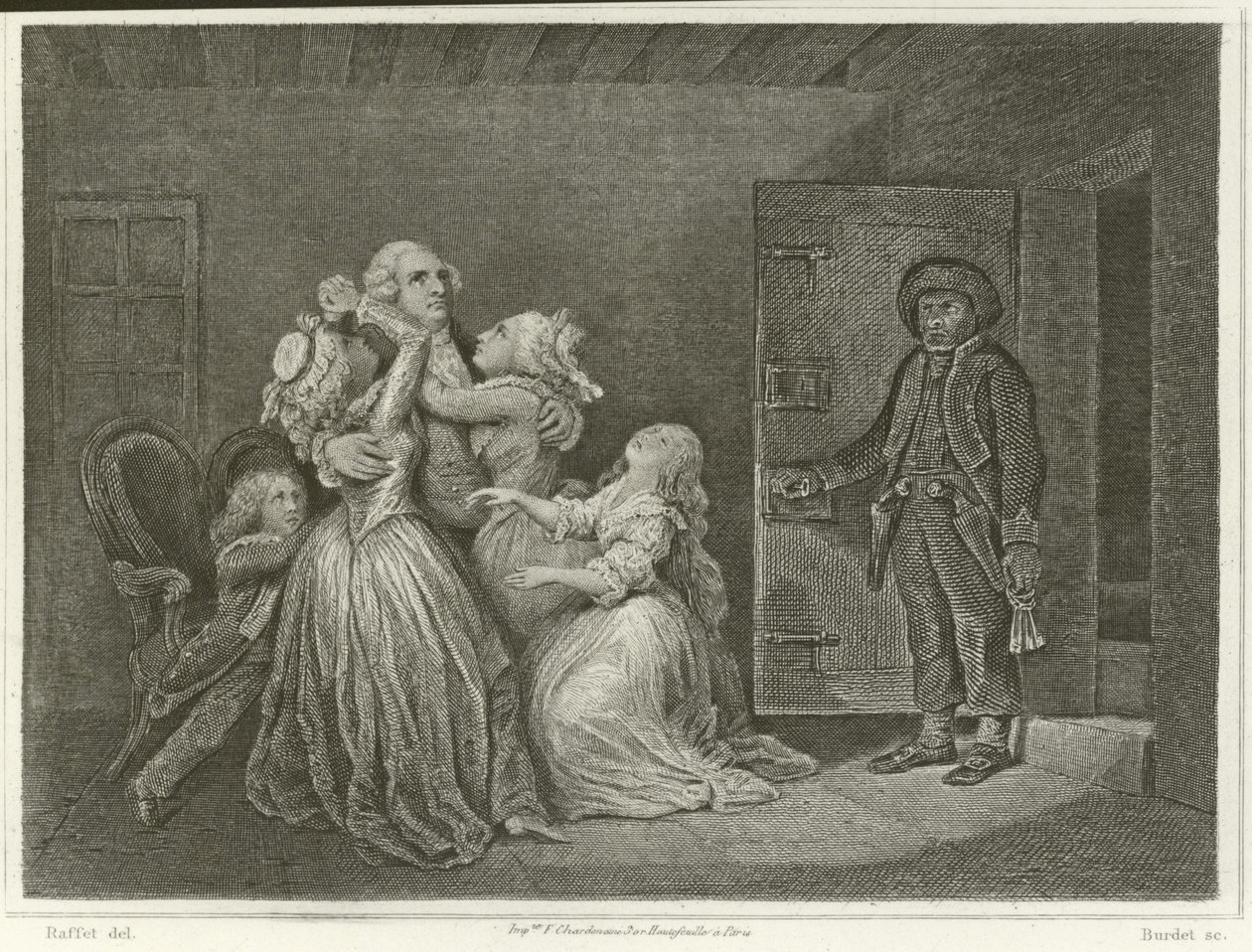Louis XVI en zijn familie (gravure) door Denis Auguste Marie (after) Raffet