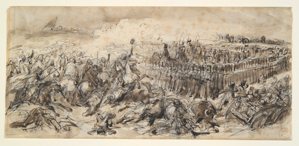 Slagveld (Studie voor De 2e lichte cavalerie die de aanval van de Arabieren weerstaat) door Denis Auguste Marie Raffet