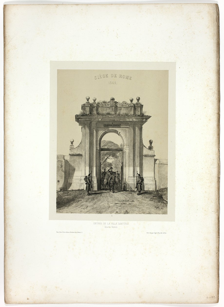 Binnenkomst in de Villa Santucci, uit Souvenirs d’Italie: Expédition de Rome door Denis Auguste Marie Raffet