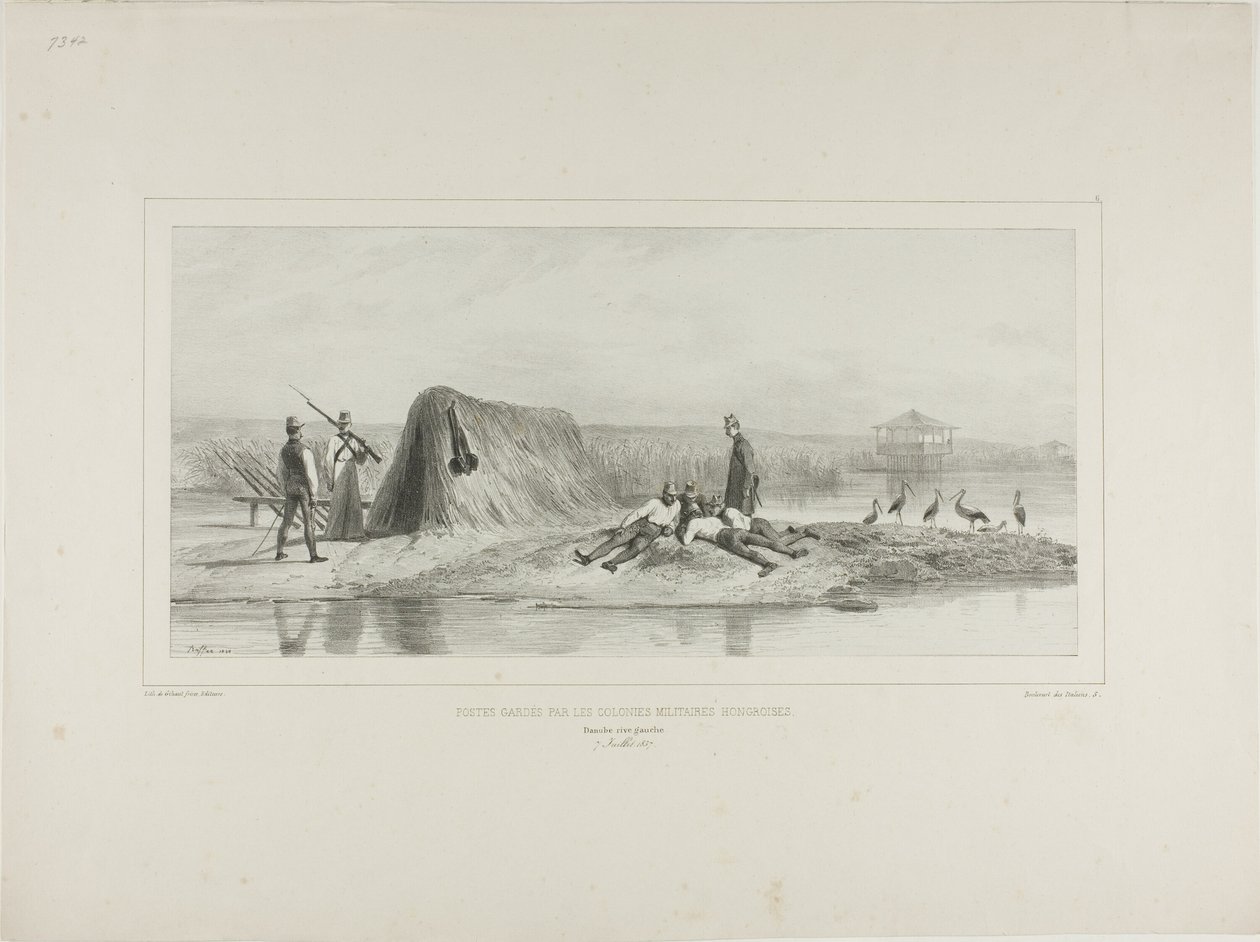 Wachtpost voor de Hongaarse militaire kolonies, linkeroever van de Donau, 7 juli 1837 door Denis-Auguste-Marie Raffet