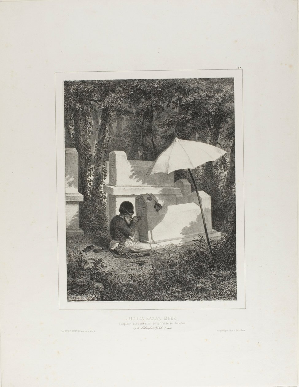 Portret van Juguda Kazaz, Misiz, aan het werk als grafbeeldhouwer in de Josaphatvallei, bij Tchioufout-Galeh, de Krim door Denis Auguste Marie Raffet