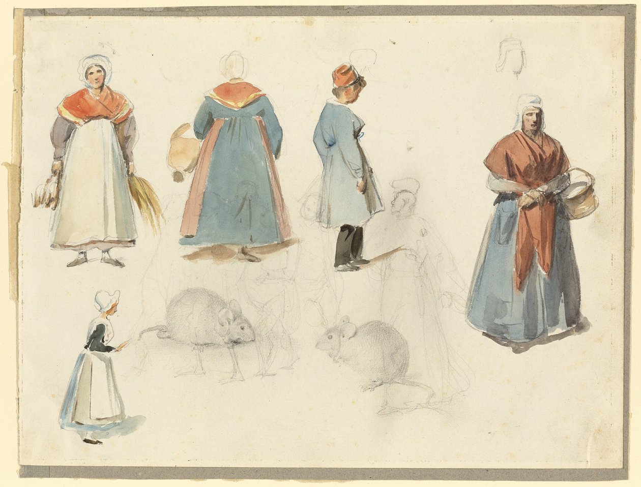 Blad met schetsen: Mannen, Vrouwen en Muizen door Denis Auguste Marie Raffet