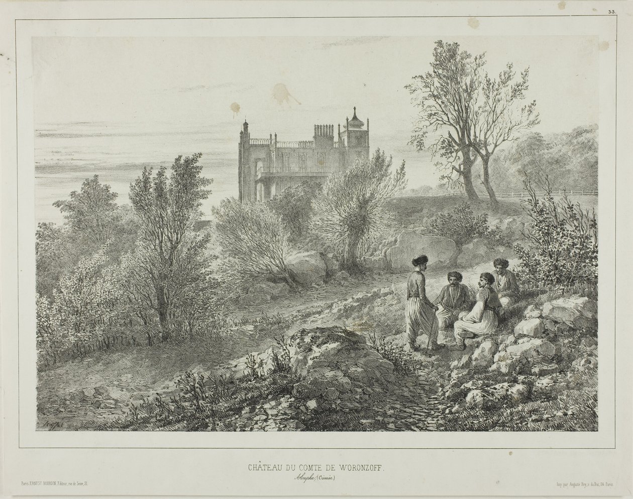 Het kasteel van graaf Woronzoff, Aloupka, de Krim, 12 augustus 1837 door Denis Auguste Marie Raffet