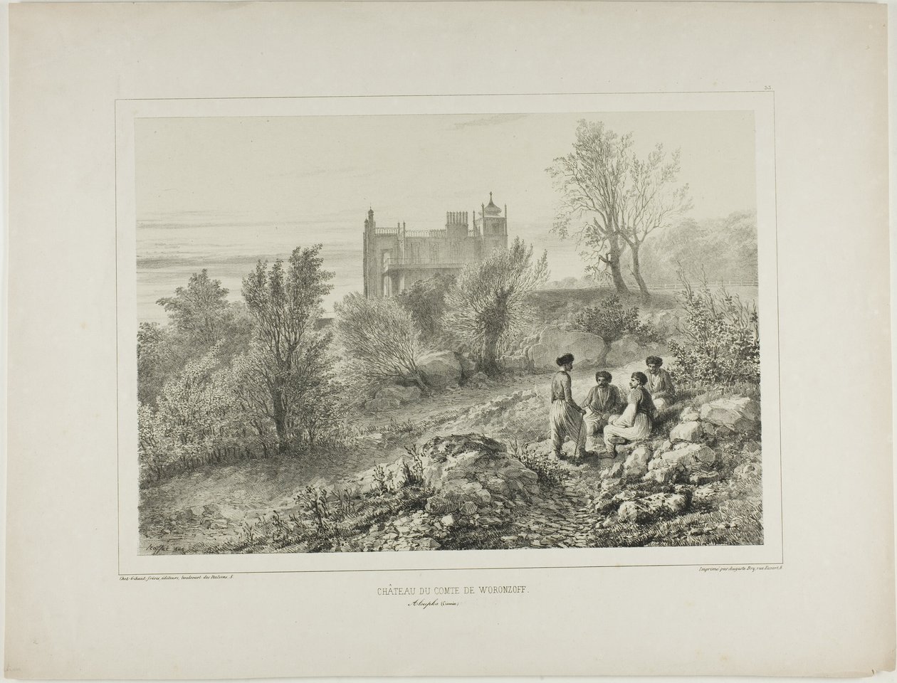 Het kasteel van graaf Woronzoff, Aloupka, de Krim, 12 augustus 1837 door Denis Auguste Marie Raffet