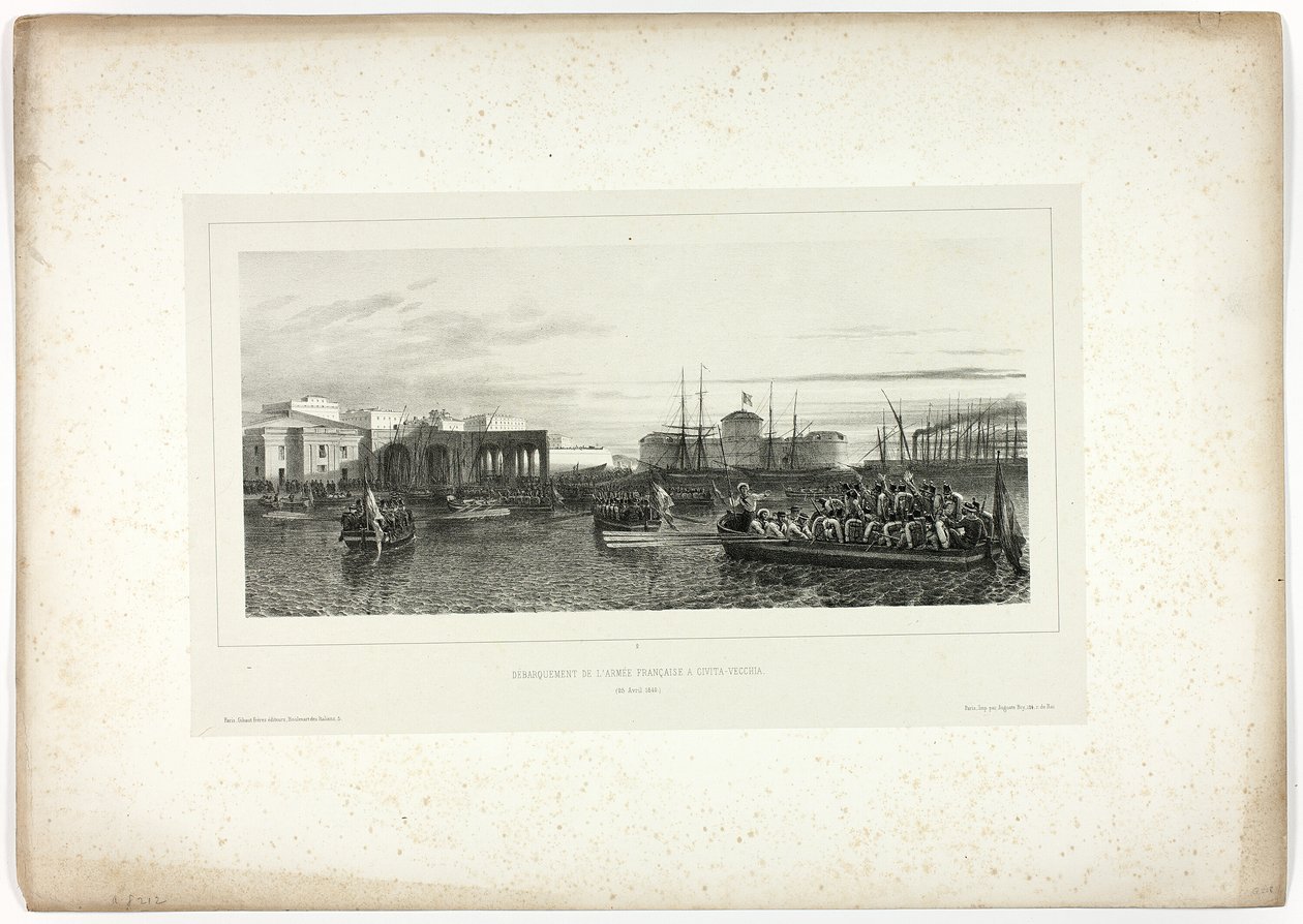 Het Franse leger landt in Civita-Vecchia, 25 april 1849, uit Souvenirs d’Italie: Expédition de Rome door Denis Auguste Marie Raffet