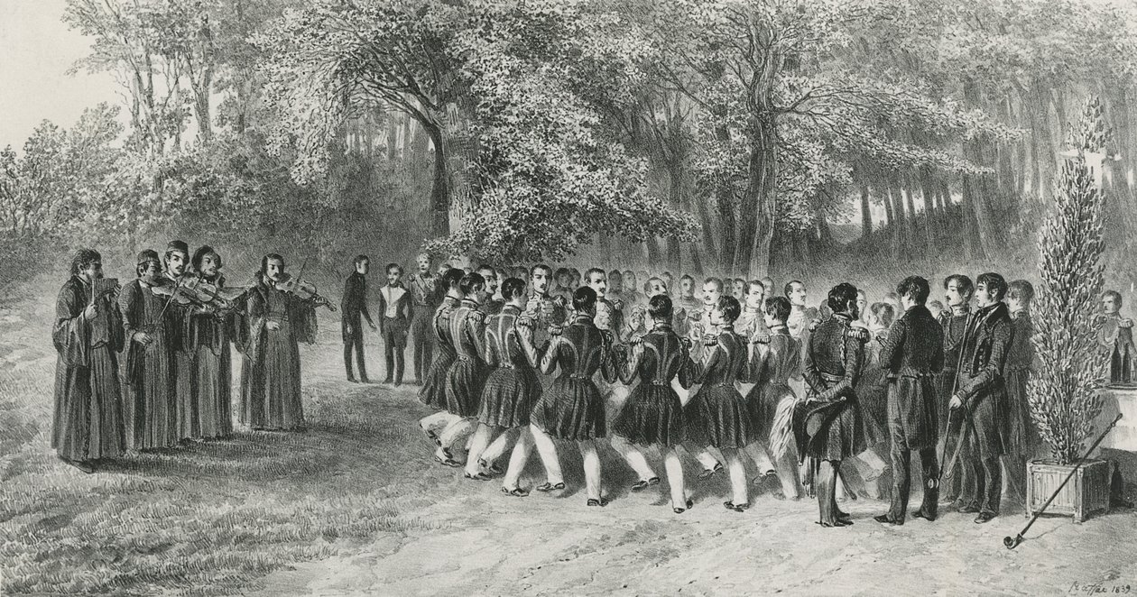 Wallachian Ronde, uitgevoerd door de Tsiganes en gedanst door de Muzikanten van het Tweede Regiment bij het Huis van Prins Ghika, Ghospodar, Wallachia, 1839 door Denis Auguste Marie Raffet