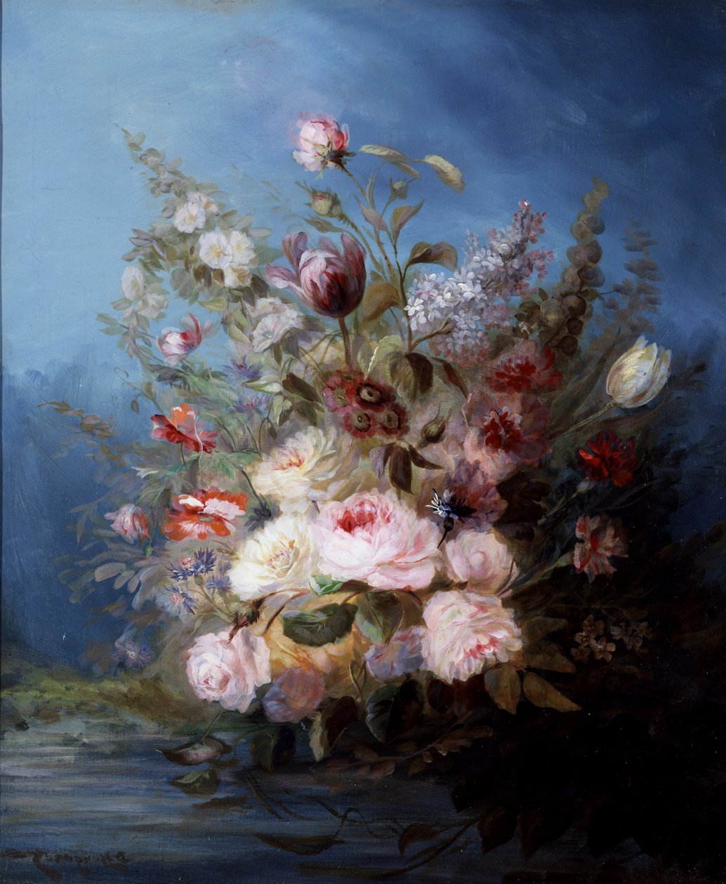 Stilleven. Boeket bloemen aan het water met rozen en tulpen. Schilderij van Denis Pierre Bergeret (1846-1910) Privécollectie. door Denis Pierre Bergeret