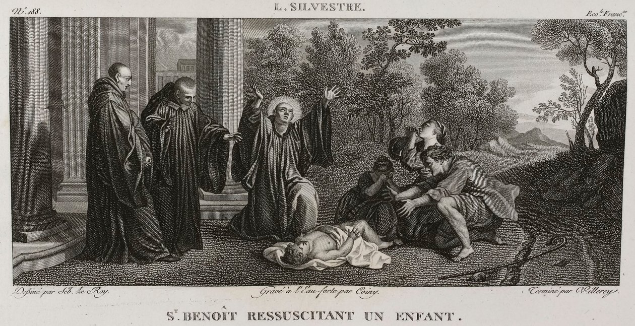 Denis-Sébastien Leroy, Antoine-Claude-François Villerey et Coiny - Saint Benoît reanimeert een kind, naar Louis de Silvestre - 1802-1815 door Denis Sebastien Leroy