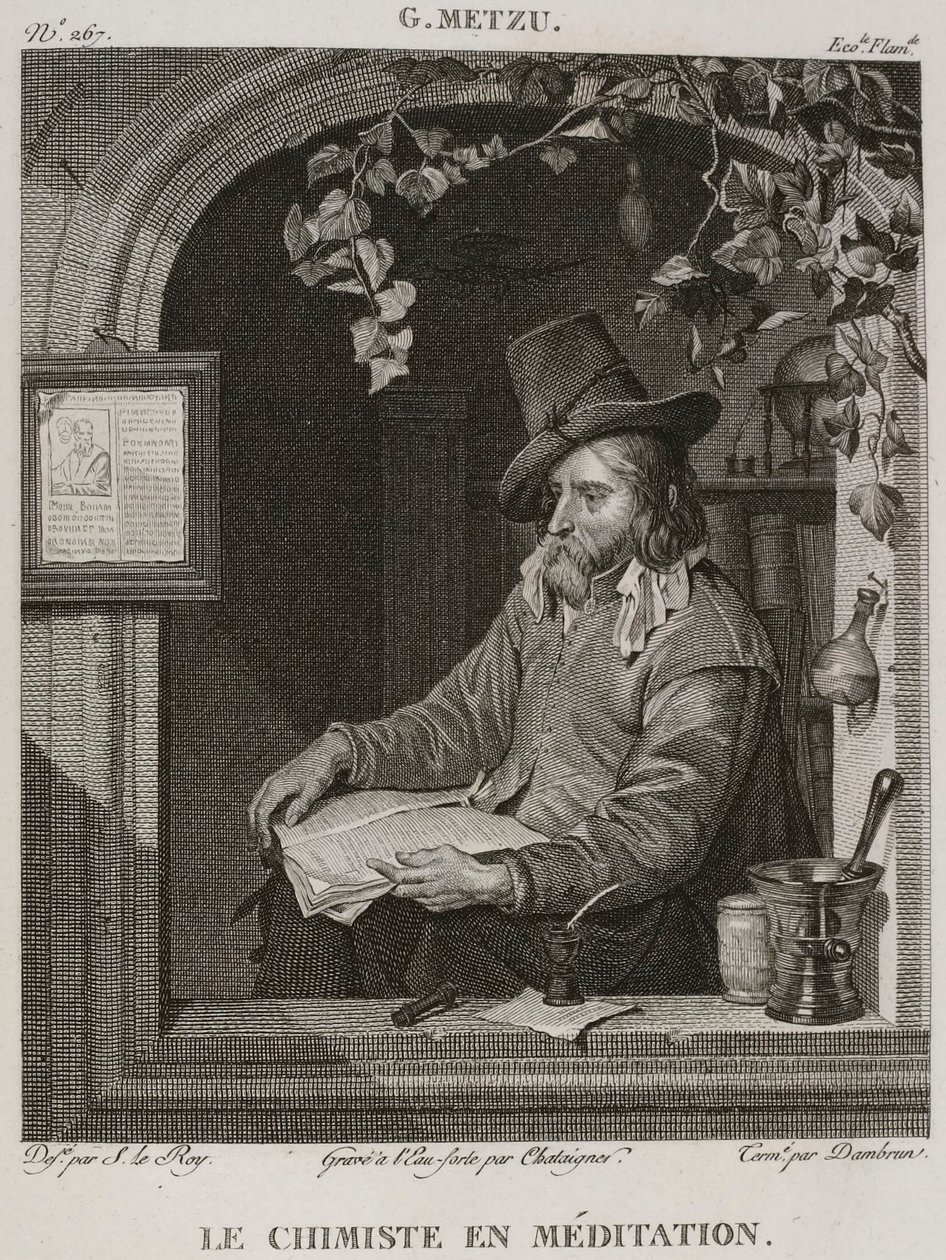 Denis-Sébastien Leroy, Chataigner en Dambrun - De apotheker in meditatie, naar Gabriel Metsu - 1802-1815 door Denis Sebastien Leroy