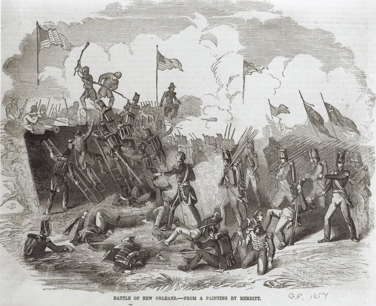 De Slag bij New Orleans, 8 januari 1815, gegraveerd door Thomas Phillibrown, 1856 door Dennis Malone Carter