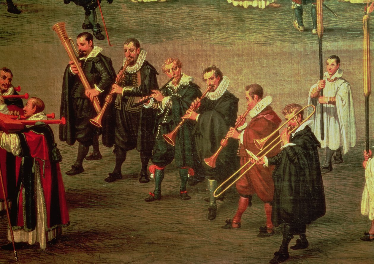 Muzikanten die deelnemen aan De Ommeganck in Brussel op 31 mei 1615: Processie van Onze-Lieve-Vrouw van Sablon door Denys van Alsloot