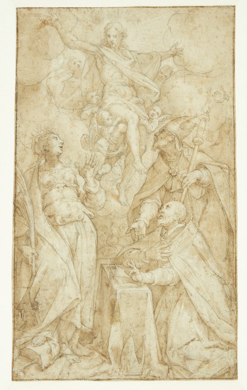 Christus in de wolken, gedragen door engelen, verschijnt aan een bisschop bij een lezenaar, een bisschopsheilige (St. Augustinus?) en Catharina van Alexandrië door Denys Calvaert
