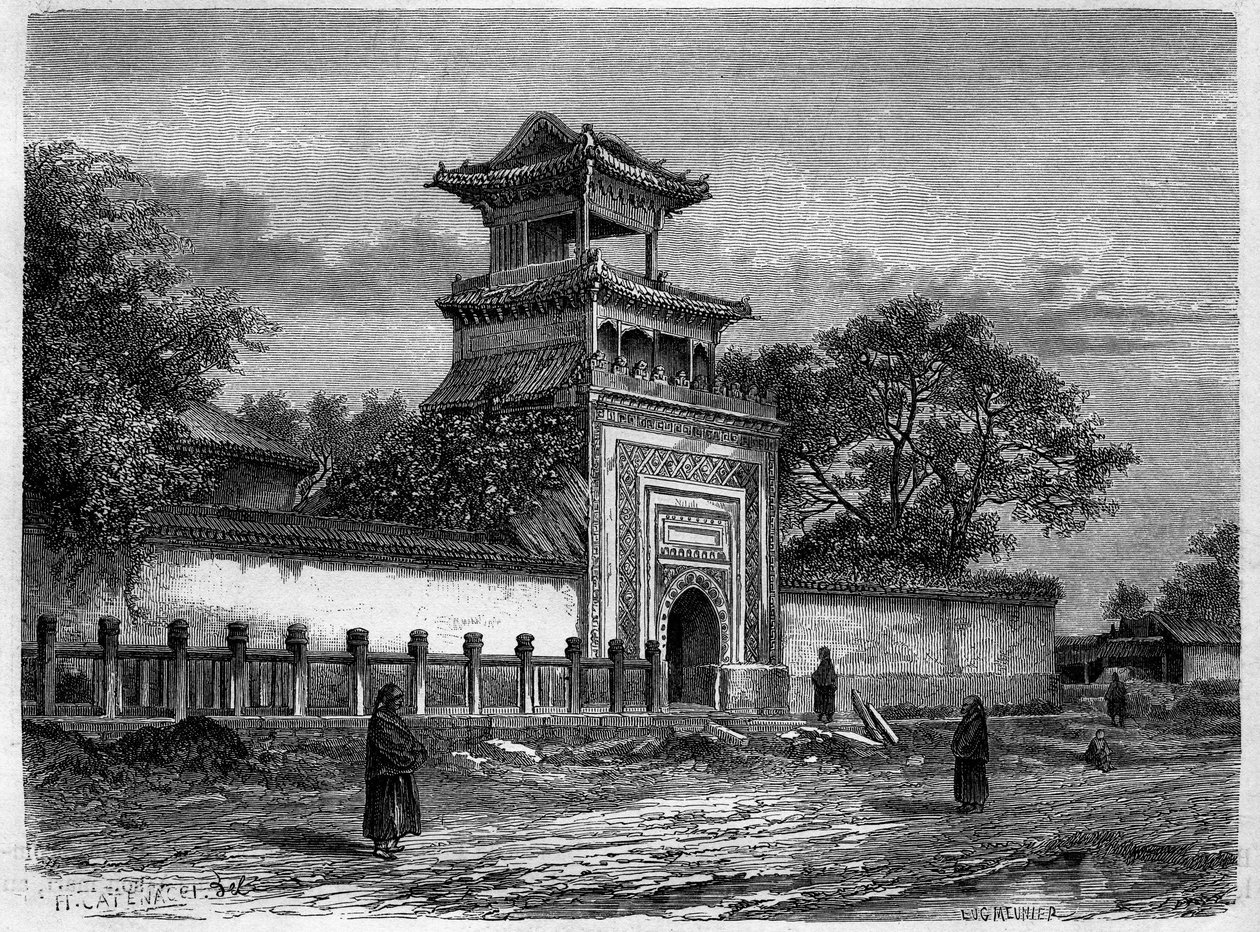 Moskee in Peking in de jaren 1870. Gravure naar een tekening van Deroy, in 