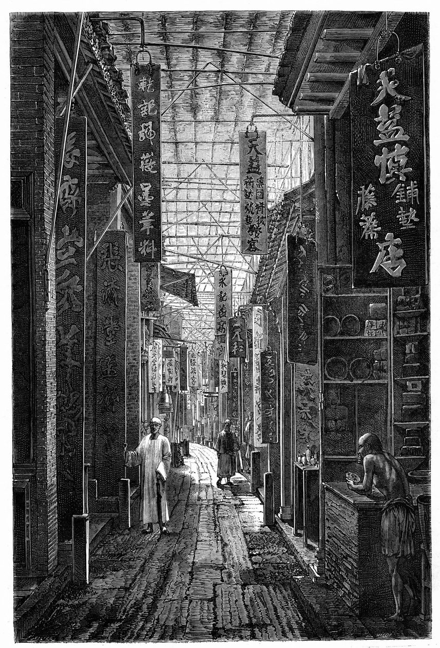 Uitzicht op Pharmacy Street in Guangzhou. Gravure naar een tekening van Deroy, in "Le Tour du Monde, Nouveau journal des Voyages", uitgegeven door Edouard Charton, Parijs door Deroy (after)