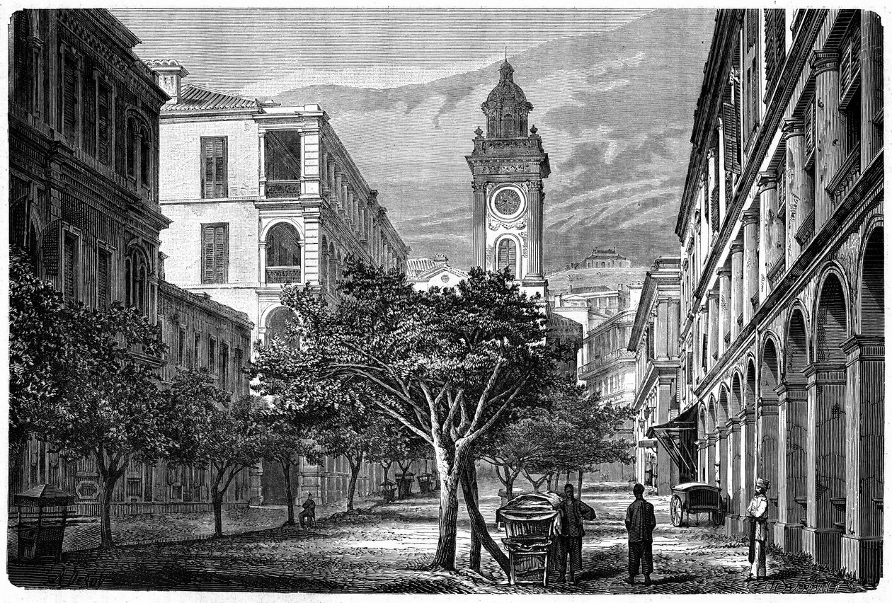 Uitzicht op de historische Hong Kong Clock Tower. Gravure naar een tekening van Deroy, in "Le Tour du Monde, Nouveau journal des Voyages", uitgegeven door Edouard Charton, Parijs door Deroy (after)