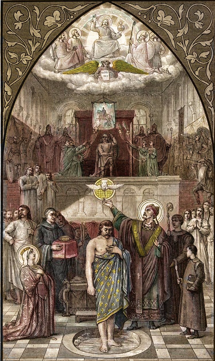 Sint Remigius doopt Clovis in Reims - De doop van koning Clovis I van de Franken in Reims door bisschop Sint Remi op 25/12/496 (of 499) - gravure naar het schilderij van Desire Francois Laugee door Desire Francois Laugee