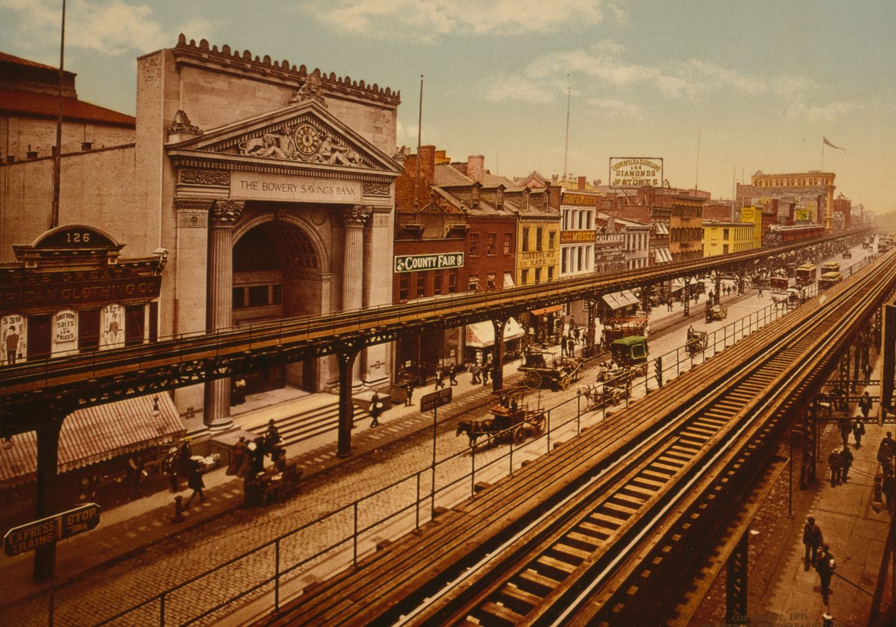 The Bowery, New York City, ca. 1900 (fotochrom) door Detroit Publishing Co.