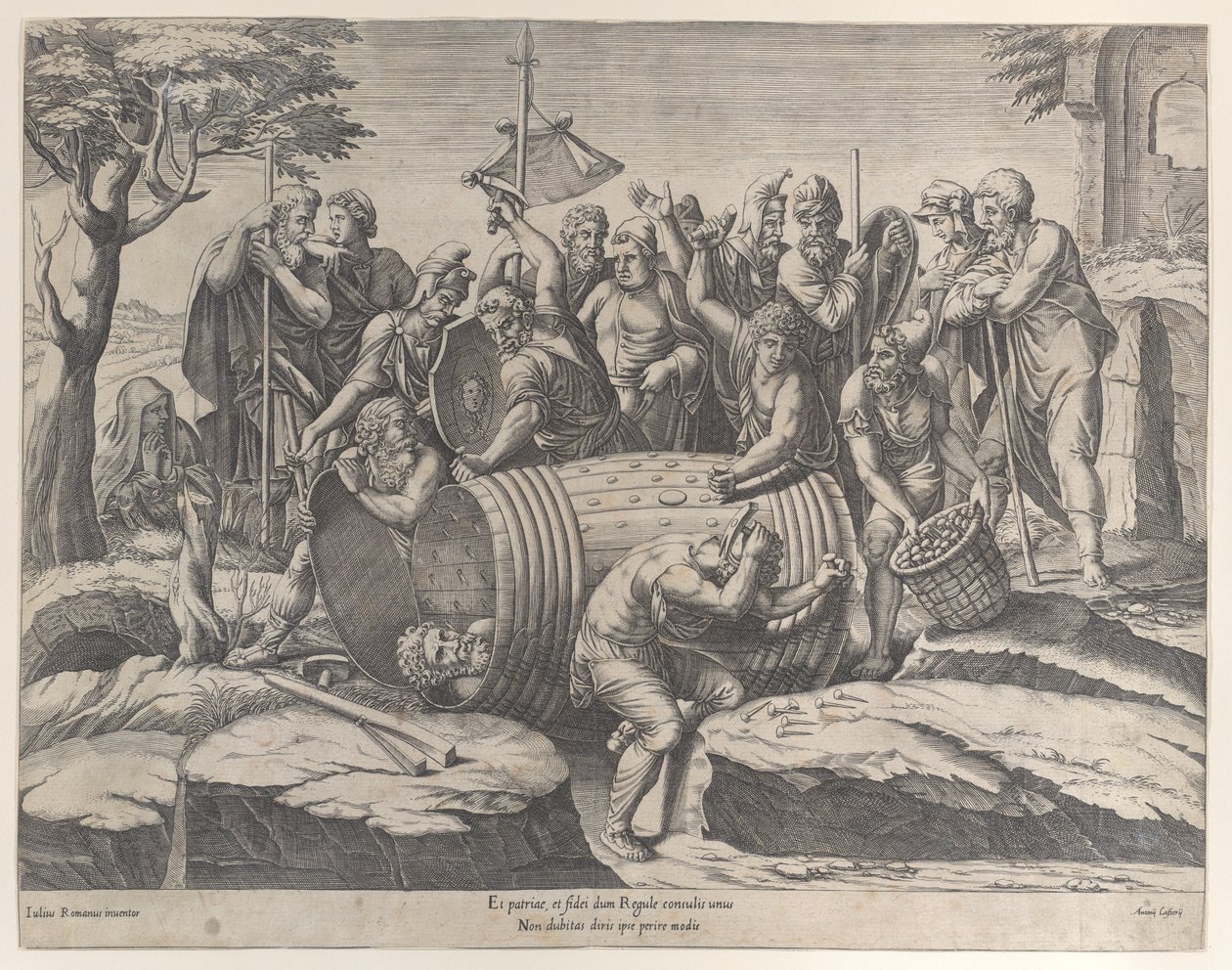 Marcus Atilius Regulus in een ton terwijl twee mannen de spijkers inslaan, 1555-77 door Diana Mantuana