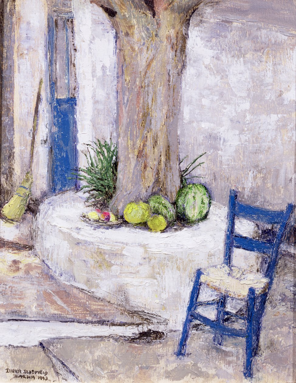Blauwe stoel bij de boom, 1993 door Diana Schofield