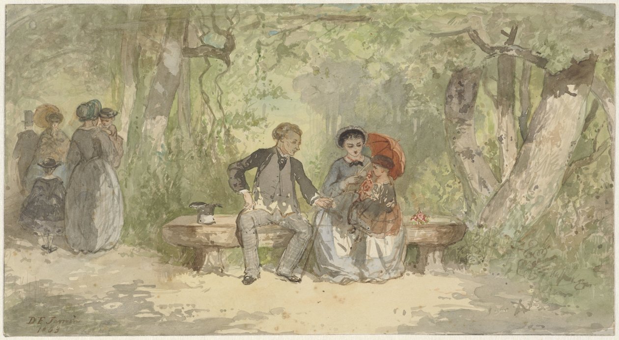 Man, vrouw en kind op een bank in het park door Diederik Franciscus Jamin
