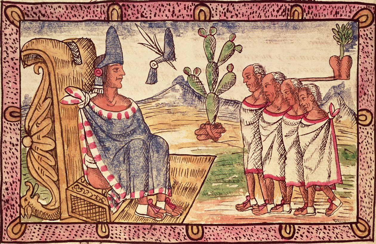 Montezuma II (1466-1520) en zijn gezanten naar de Spaanse veroveraars, 1579 door Diego Duran