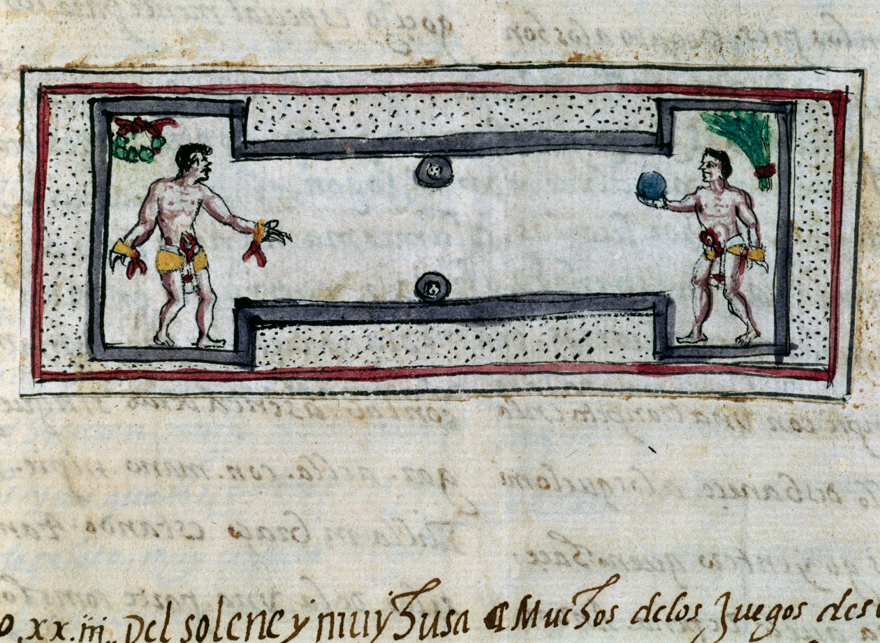 Azteken spelen een spel van pelota, miniatuur uit Geschiedenis van de Indiën (Historia de las Indias) door Diego Duran (1537-1588), manuscript uit 1579 door Diego Duran