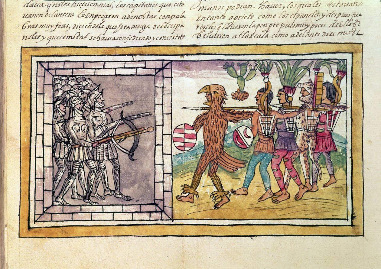 Codex Duran: Pedro de Alvarado (c.1485-1541) wapenbroeder van Hernando Cortes (1485-1547) belegerd door Azteekse krijgers door Diego Duran