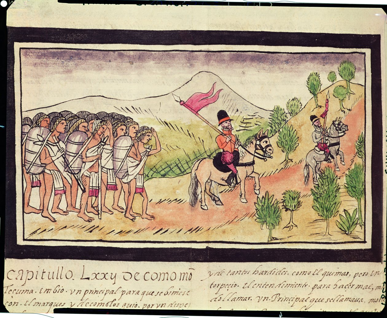Fol.204v De Totonac-indianen helpen de conquistadores bij het vervoeren van materialen, 1579 door Diego Duran