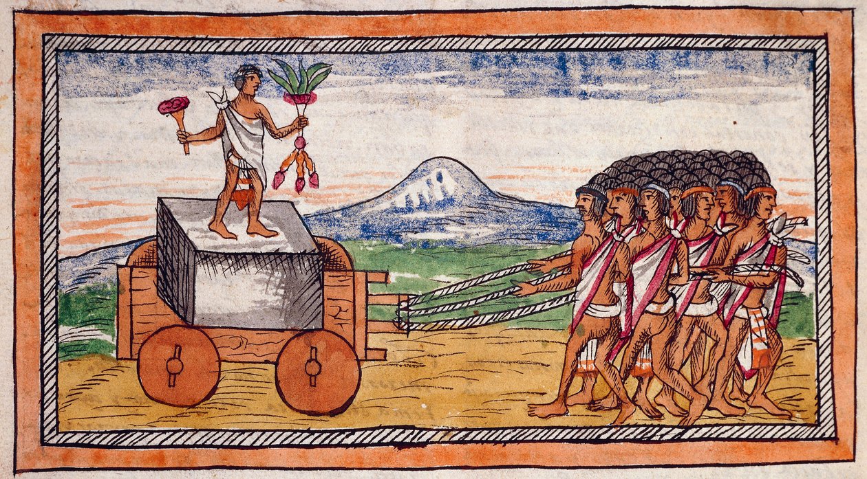 De Azteken vervoeren stenen om hun steden te bouwen, aquarel uit de Geschiedenis van de Indiën door Diego Duran door Diego Duran