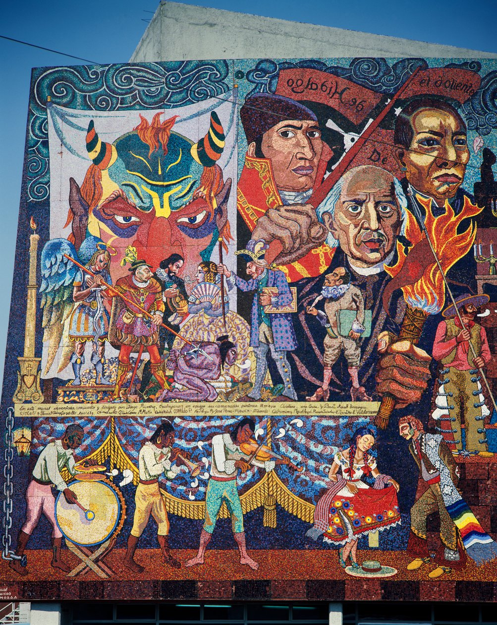 Hidalgo, Morelos en Juarez, helden van de onafhankelijkheidsstrijd, detail van de mozaïekschildering op de gevel van het Theater van de Opstandelingen, Mexico-Stad. Mexico, 20e eeuw. door Diego Rivera