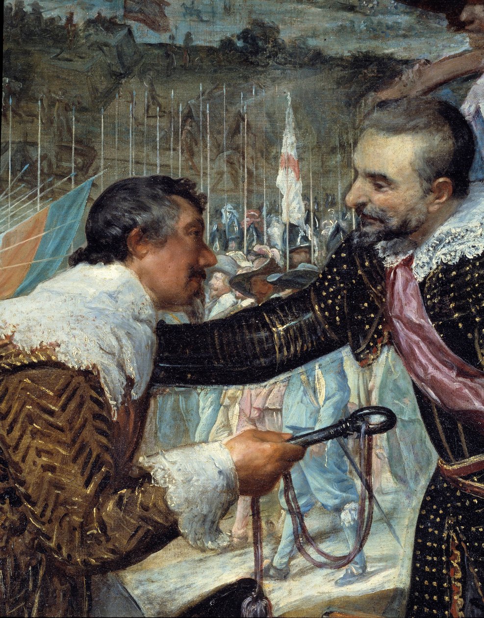 Overgave van Breda. Aan het einde van het beleg van Breda: op 5 juni 1625 onderhandelde Justin de Nassau vrede met Ambrogio Spinola Doria, markies de Los Balbases, tijdens een ceremonie waar hij de sleutels overhandigde door Diego Velázquez