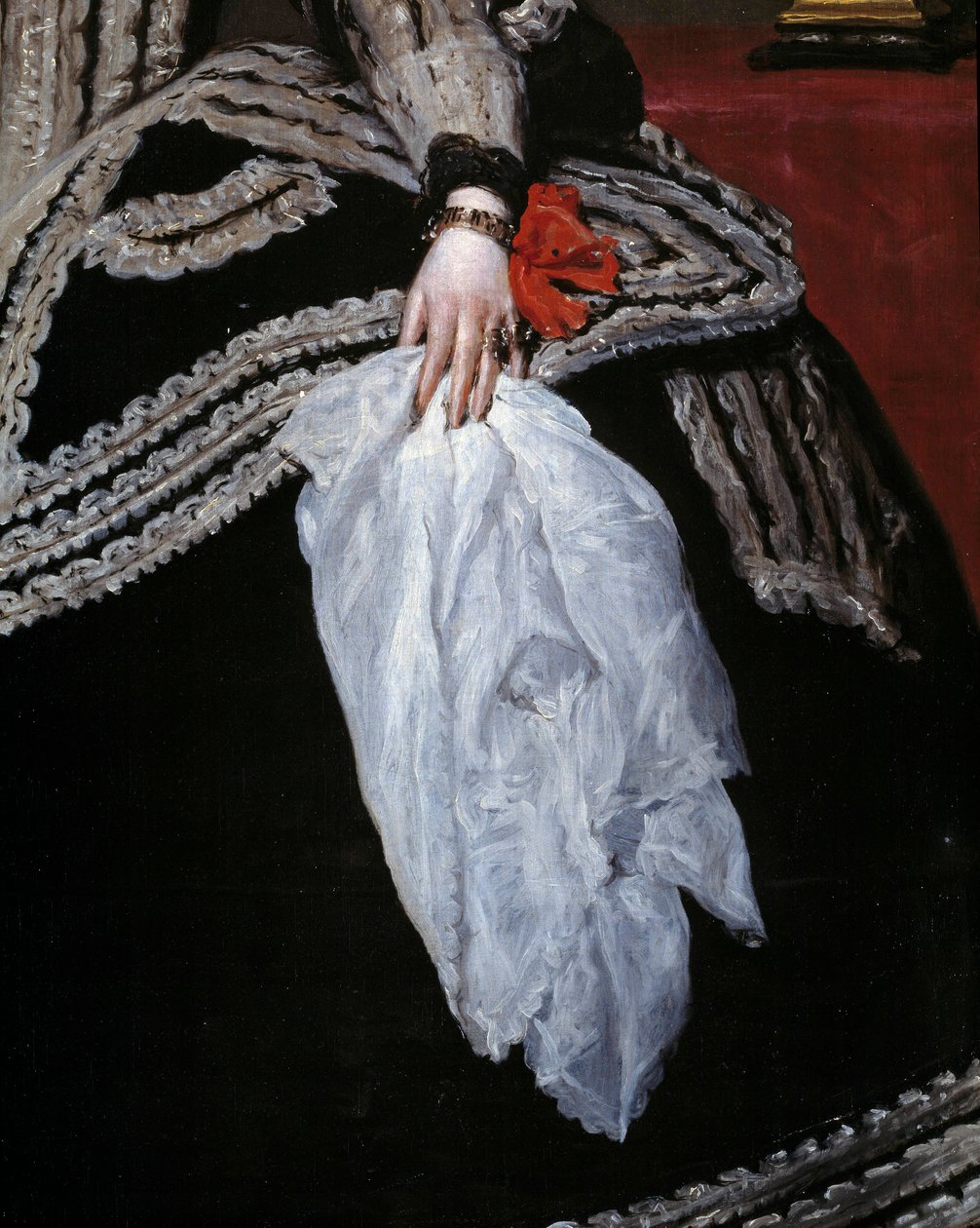 Hand en sjaal (detail) van het portret van koningin Maria Anna van Oostenrijk (1634-1696), echtgenote van Filips IV door Diego Velázquez