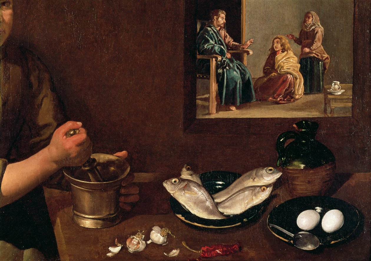 Keukenscène met Christus in het huis van Martha en Maria (detail) door Diego Velázquez