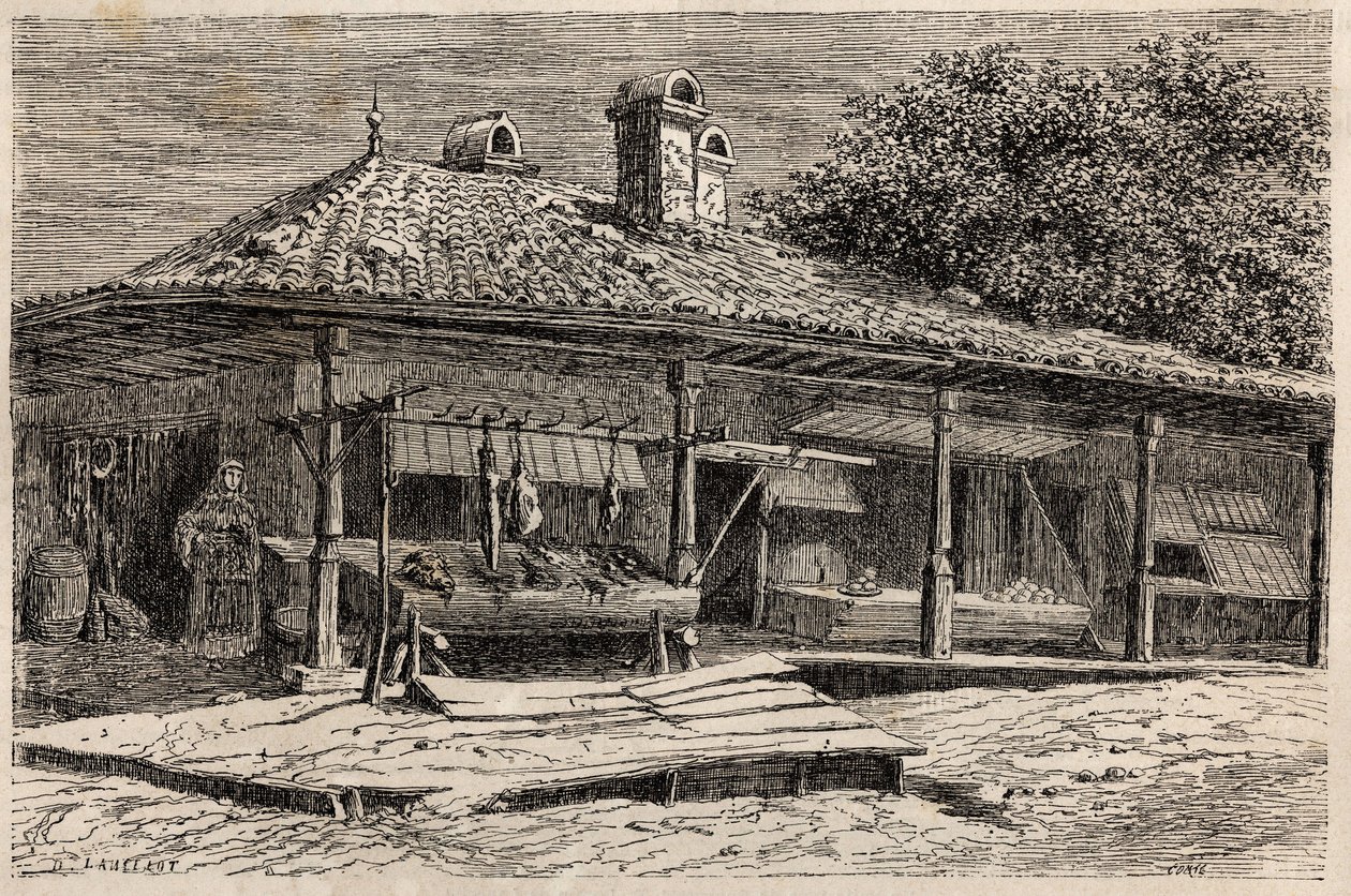 Een slagerij en een bakkerij in Boekarest (Roemenië). Gravure ter illustratie van de reis van Parijs naar Boekarest door Lancelot, ontwerper, in 1860, in 