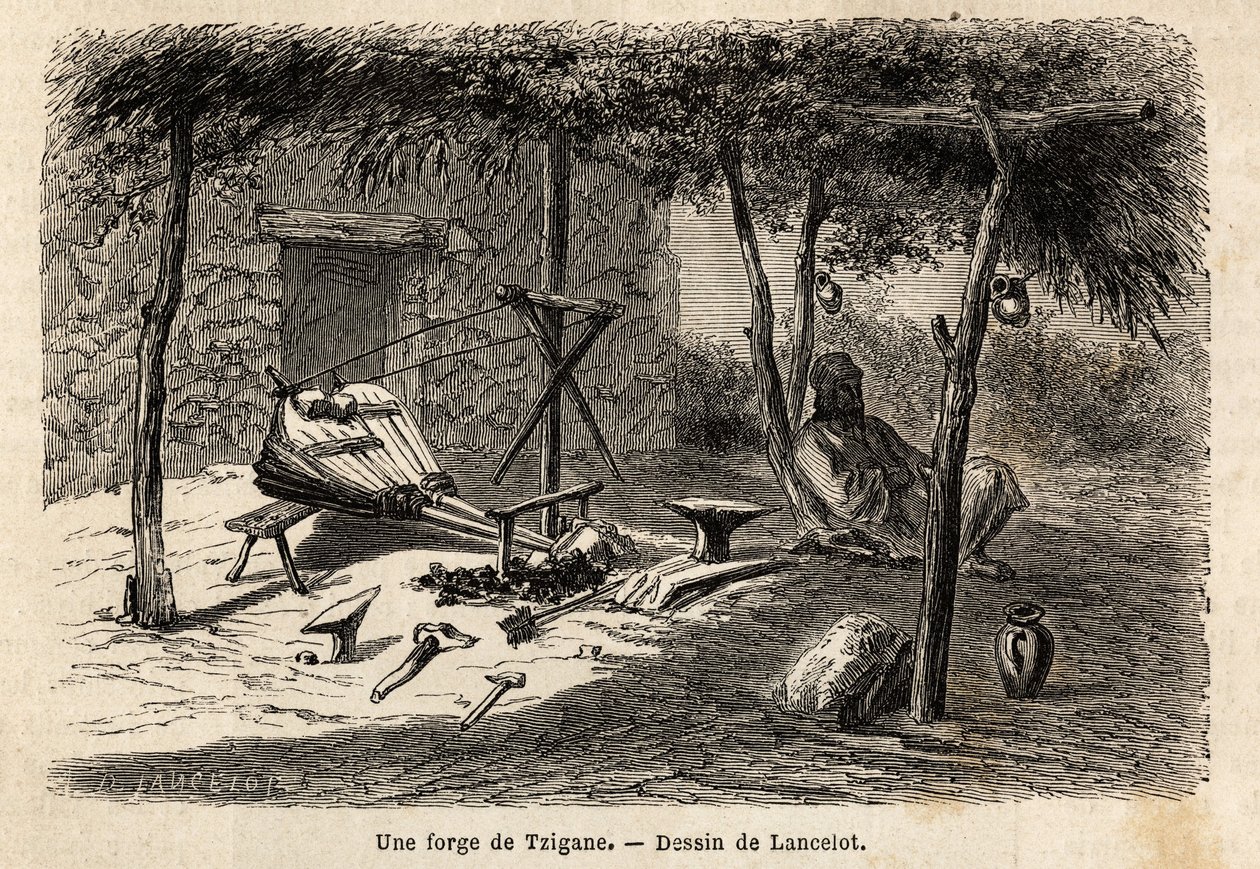 Een zigeunersmederij in de regio Walachije, Roemenië. Gravure ter illustratie van de reis van Parijs naar Boekarest, door Lancelot, tekenaar, in 1860, gepubliceerd in 