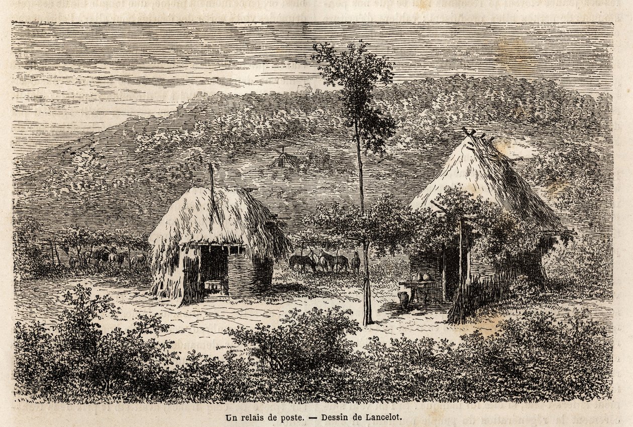 Een postrelais tussen Boekarest en Pitesti. Gravure ter illustratie van de reis van Parijs naar Boekarest (Roemenië), in 1860, door Lancelot, ontwerper, in 
