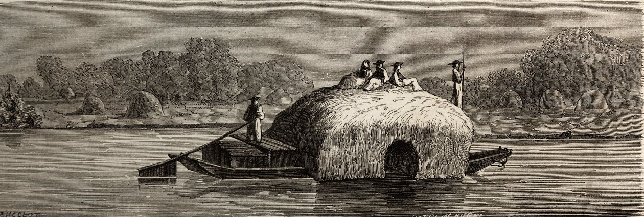 Snijden, oogsten en vervoeren van voer aan de oevers van de Donau. Gravure in Le tour du monde, bewerkt door Edouard Charton. door Dieudonne Auguste Lancelot