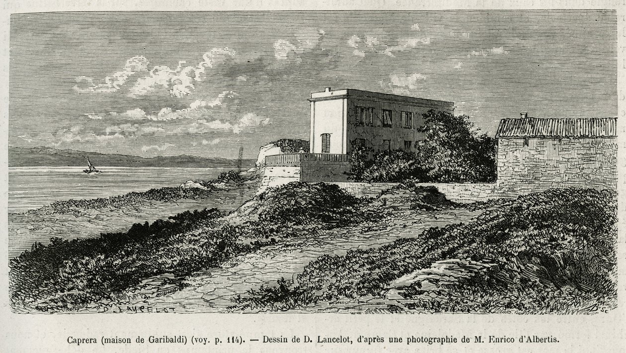 Het huis van Giuseppe Garibaldi (1807-1882) in La Caprera (Sardinië), gegraveerd naar een tekening van D. Lancelot, ter illustratie van het verhaal van Syrië vandaag, door Mr. Lortet, decaan van de Faculteit Geneeskunde van Lyon, belast met een wetenschapp door Dieudonne Auguste Lancelot