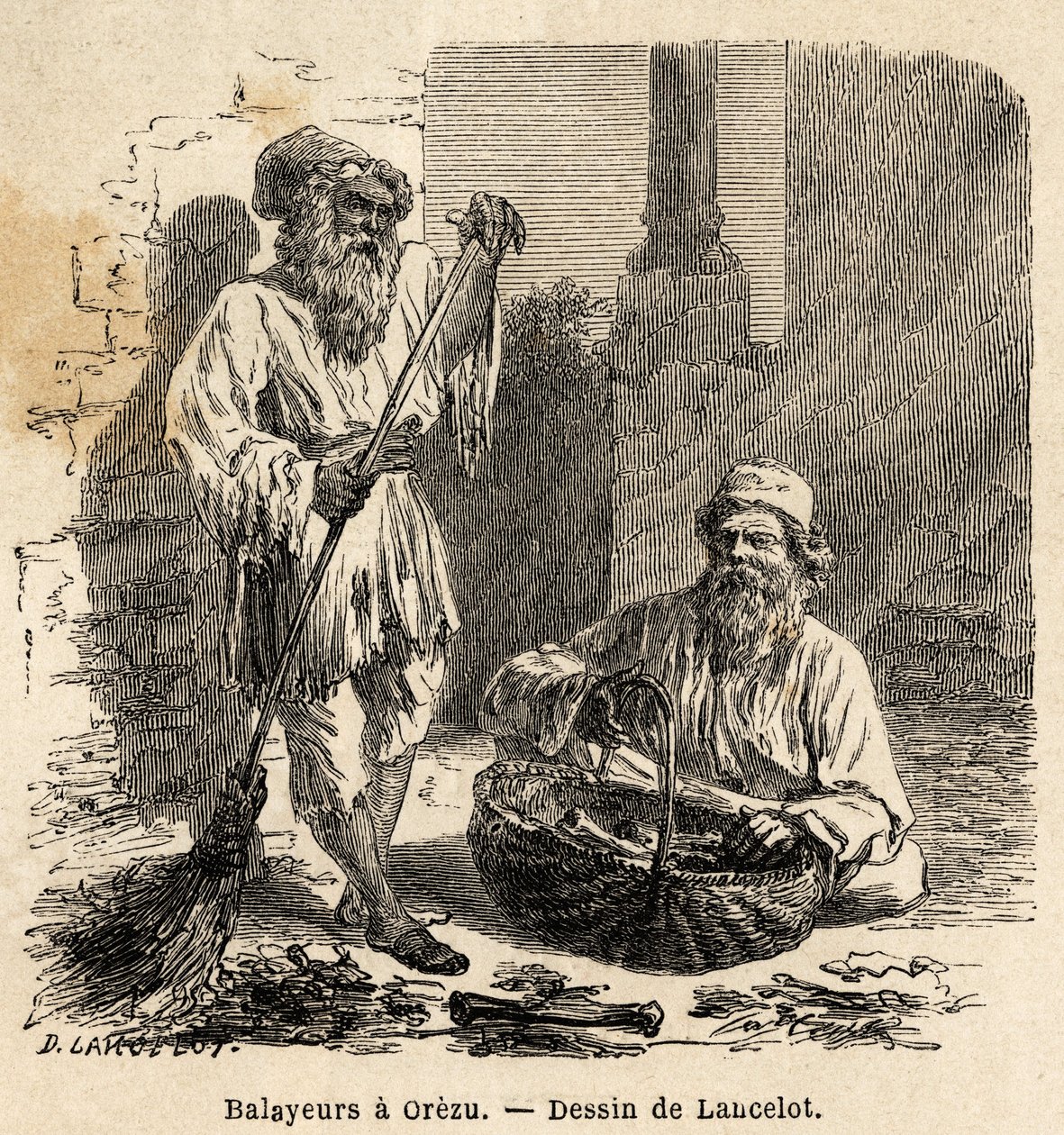 De veegsters in Orezu (Roemenië). Gravure ter illustratie van de reis van Parijs naar Boekarest, door Lancelot, tekenaar, in 1860, gepubliceerd in 